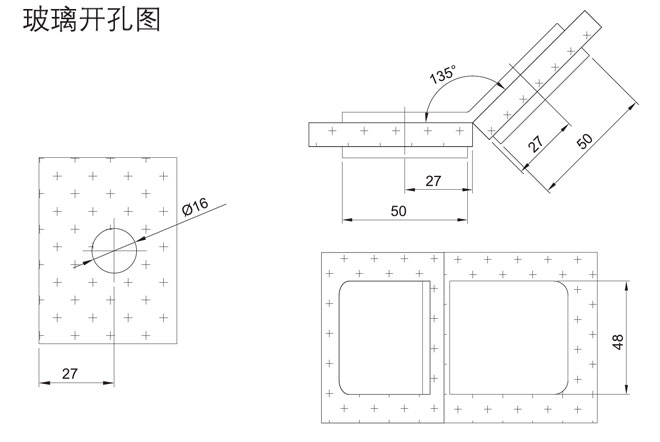 汇泰龙HF-2323-135&deg; 玻璃连接夹开孔图
