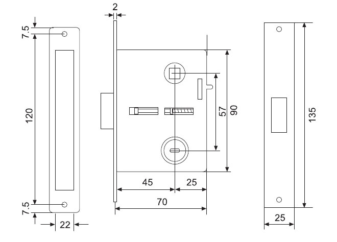 HD-57-45不锈钢日式锁锁体 尺寸图